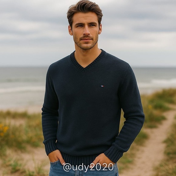 Vintage Rare Tommy Hilfiger Classic VNeck Cotton Sweater Navy Blue Casual Knit M - Picture 1 of 8
